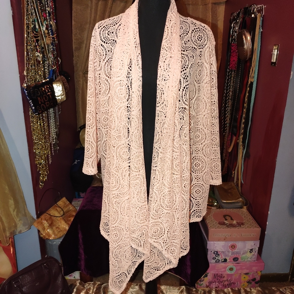 Ruby Rd. Woman Pink Lace Waterfall Cardigan 1X
